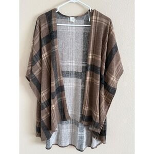 Honeyme Brown Plaid Open Front Kimono Cardigan Wrap Sweater Womens Medium